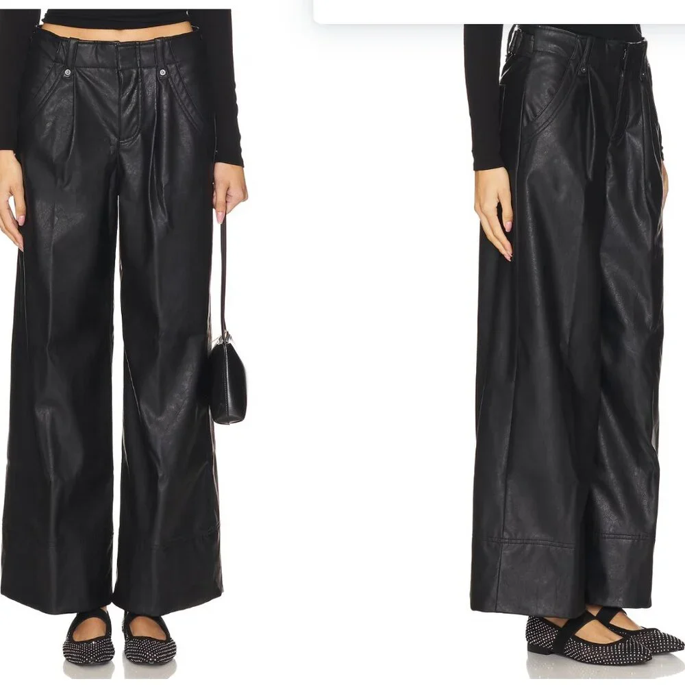 Free People x REVOLVE Faux Leather Wide Leg Pants Black High Rise Size 14 - Picture 4 of 5